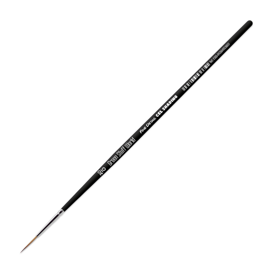 Green Stuff World Cel Shading Brush 20/0 Fine Detail – pędzel widok z boku na białym tle, czarny uchwyt z napisem Fine Detail Cel Shading, długość całkowita 182mm, włosie 14mm