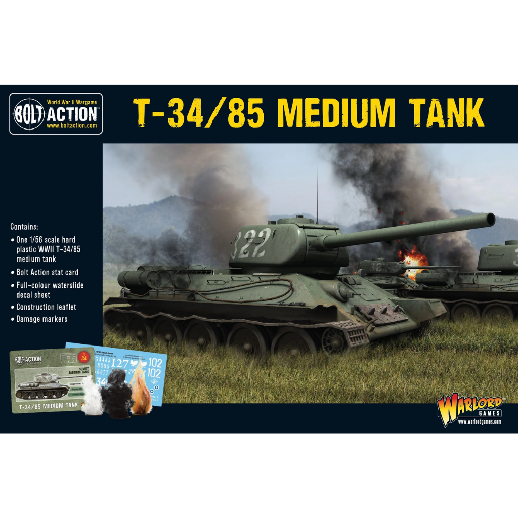 T-34/85 Medium Tank - Bolt Action 28mm - pudełko scena bitewna 422 Soviet green dym ogień 1/56 scale karta statystyk kalkomanie - Warlord Games