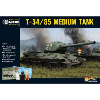 T-34/85 Medium Tank - Bolt Action 28mm - pudełko scena bitewna 422 Soviet green dym ogień 1/56 scale karta statystyk kalkomanie - Warlord Games