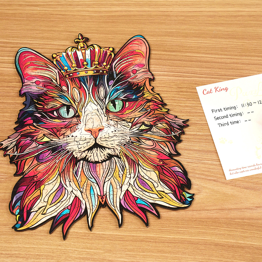 Koci Król Rowood TA002 Cat King – ręce układające puzzle na drewnianym stole z rozrzuconymi elementami o unikalnych kształtach, widok z góry