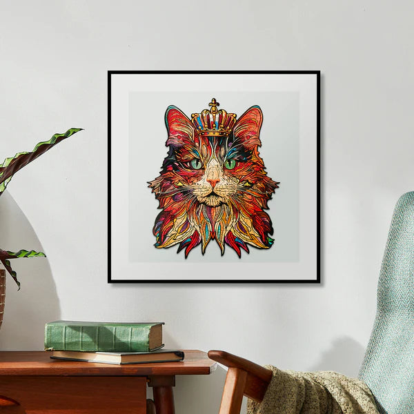 Koci Król Rowood TA002 Cat King – gotowe puzzle na białym tle z wymiarami 260 x 316 x 2,5 mm i widoczną złotą koroną
