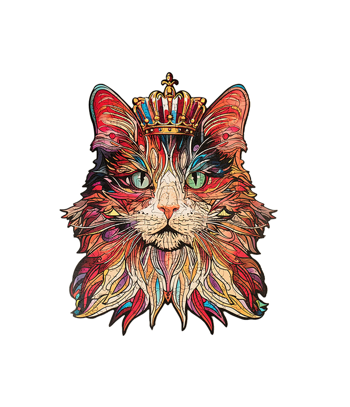 Koci Król Rowood TA002 Cat King – gotowe puzzle na drewnianym stole obok kartki z czasem układania, widok z góry z widoczną złotą koroną i zielonymi oczami kota