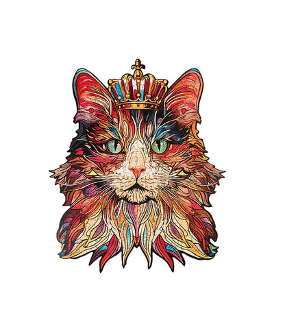 Koci Król Rowood TA002 Cat King – gotowe puzzle na drewnianym stole obok kartki z czasem układania, widok z góry z widoczną złotą koroną i zielonymi oczami kota
