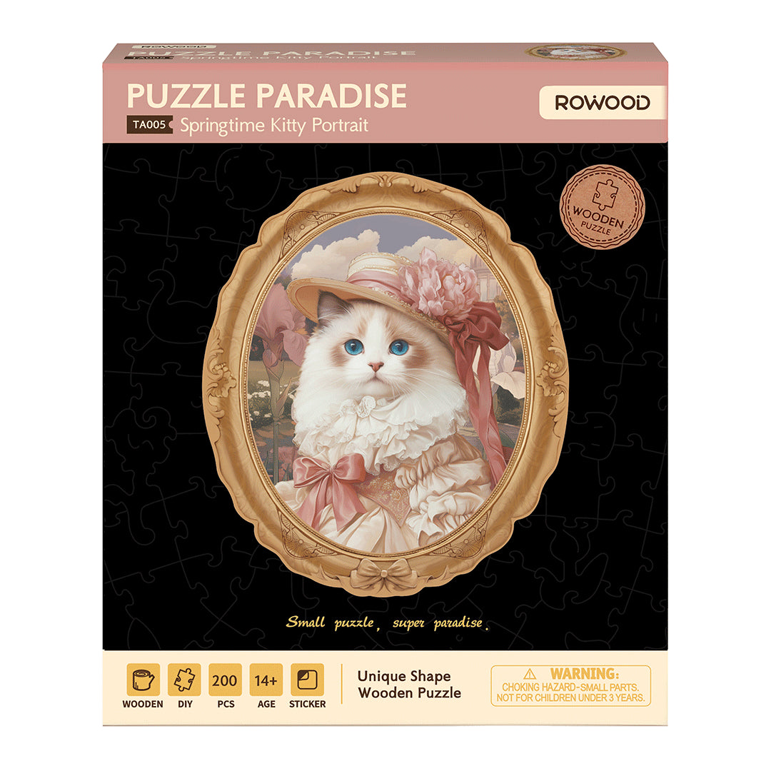 Wiosenna Kotka Rowood TA005 Springtime Kitty Portrait – pudełko zestawu Rowood Puzzle Paradise Springtime Kitty Portrait TA005 na czarnym tle z ilustracją i oznaczeniem 200 elementów