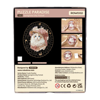 Wiosenna Kotka Rowood TA005 Springtime Kitty Portrait – tył pudełka z rysunkiem technicznym, danymi producenta Robotime i wymiarami 268 x 316 mm