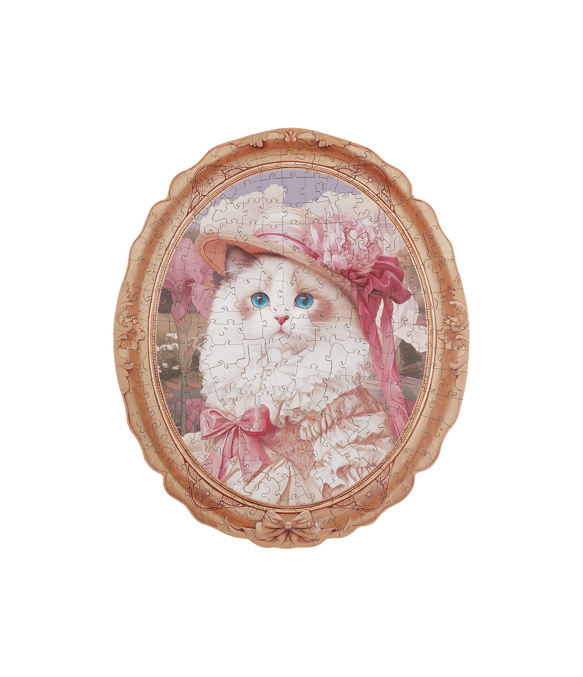 Wiosenna Kotka Rowood TA005 Springtime Kitty Portrait – gotowe puzzle na białym tle, widok z przodu — biały kot z niebieskimi oczami w różowym kapeluszu w owalnej złotej ramie