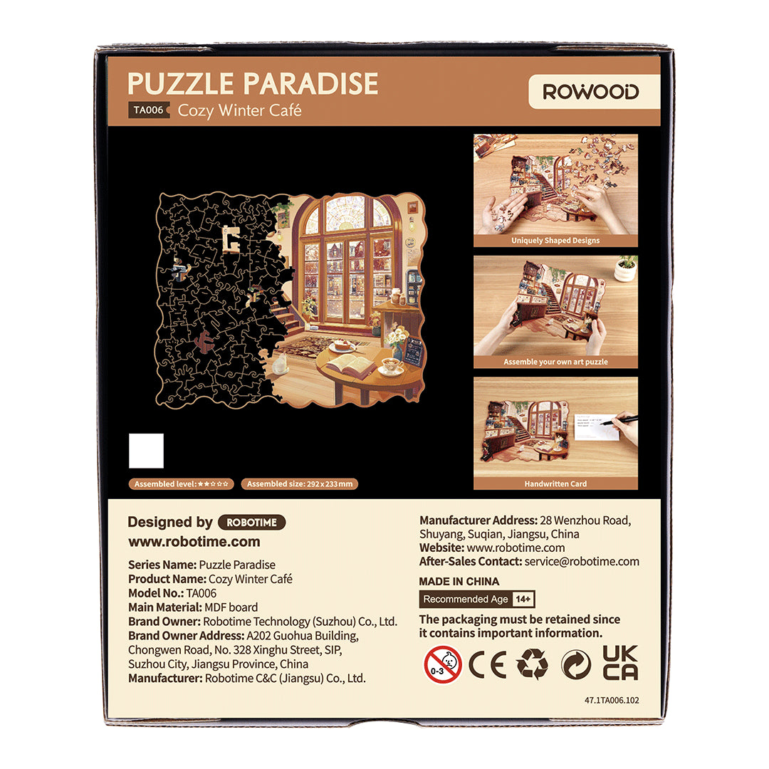 Przytulna Zimowa Kawiarnia Rowood TA006 Cozy Winter Café – tył pudełka z rysunkiem technicznym, wymiarami 292 x 233 mm, danymi producenta Robotime i poziomem 1/5