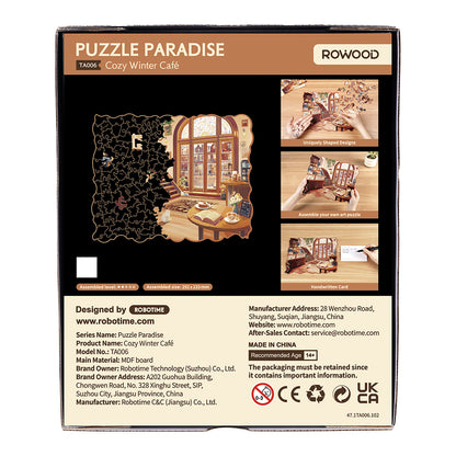 Przytulna Zimowa Kawiarnia Rowood TA006 Cozy Winter Café – tył pudełka z rysunkiem technicznym, wymiarami 292 x 233 mm, danymi producenta Robotime i poziomem 1/5