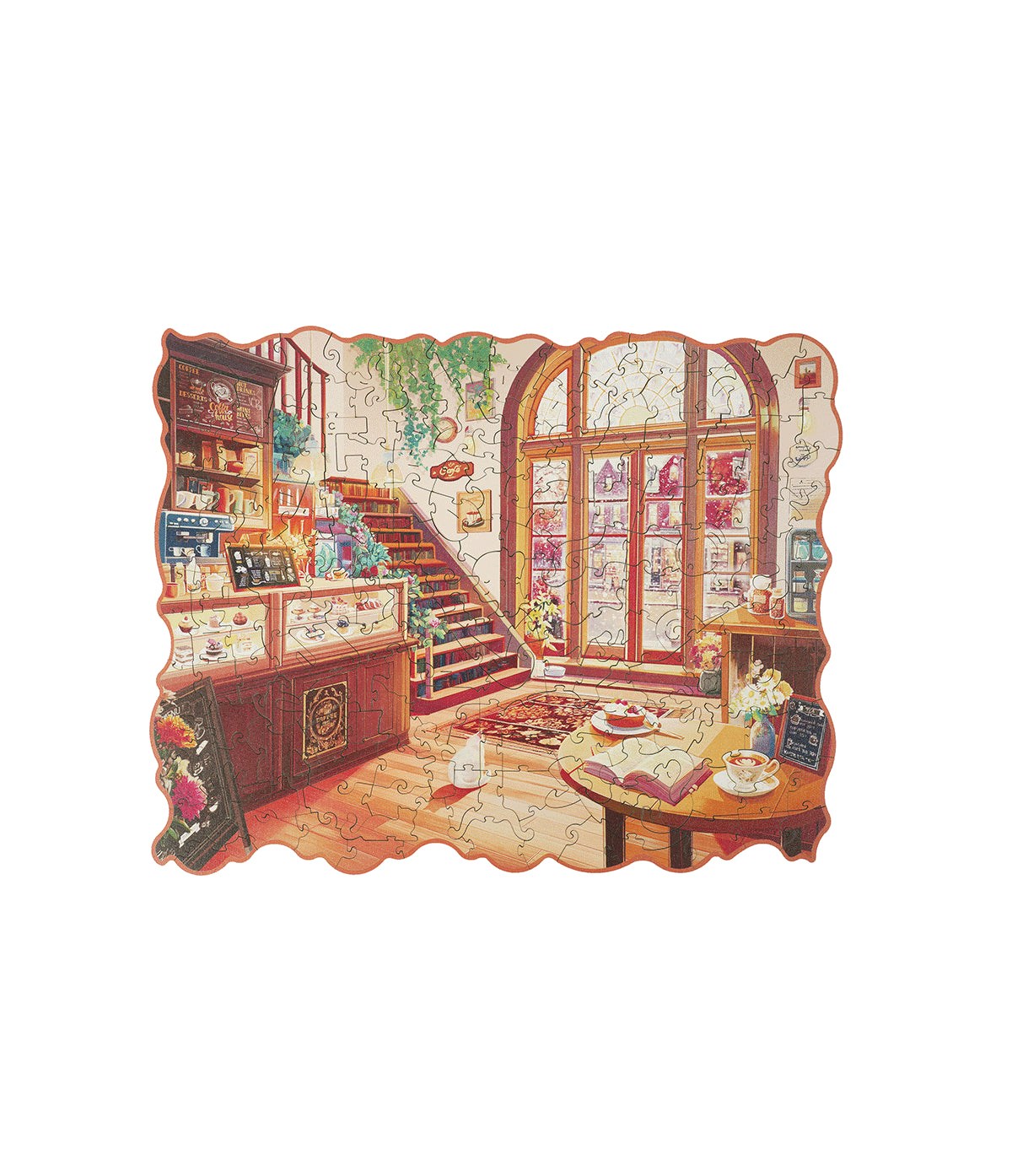 Przytulna Zimowa Kawiarnia Rowood TA006 Cozy Winter Café – gotowe puzzle na białym tle, widok z przodu z wnętrzem kawiarni: lada, schody, łukowate okno i stolik z herbatą