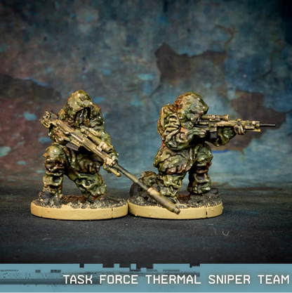Task Force Thermal Sniper Team Spectre Miniatures – dwuosobowy zespół snajperski w termicznym kamuflażu ghillie z Barrett MRAD i Geissele MRGG-S, 28mm widok z przodu
