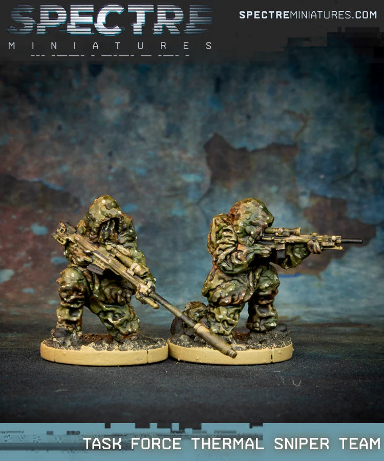 Task Force Thermal Sniper Team Spectre Miniatures – dwuosobowy zespół snajperski w termicznym kamuflażu ghillie z Barrett MRAD i Geissele MRGG-S, 28mm widok z przodu
