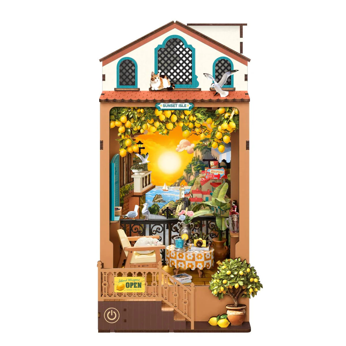Sunset Isle Rolife TGB18 – gotowy book nook z ogródkiem cytrynowym i ciepłym światłem LED, widok frontalny na białym tle