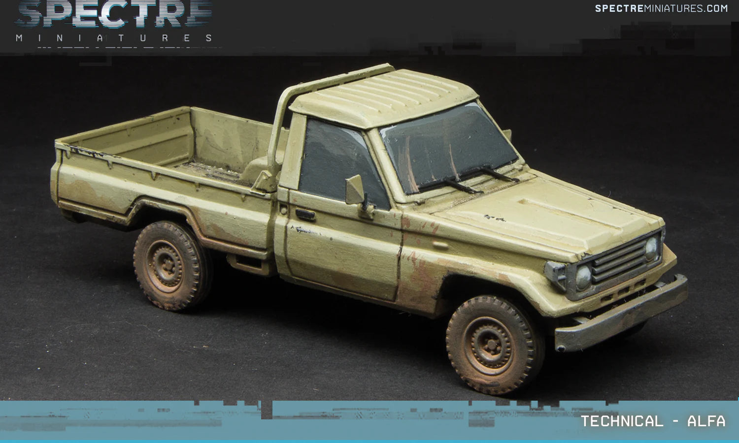 Technical Alfa Spectre Miniatures – pickup truck model żywica 1/50 widok z przodu skos, pustynny kamuflaż

