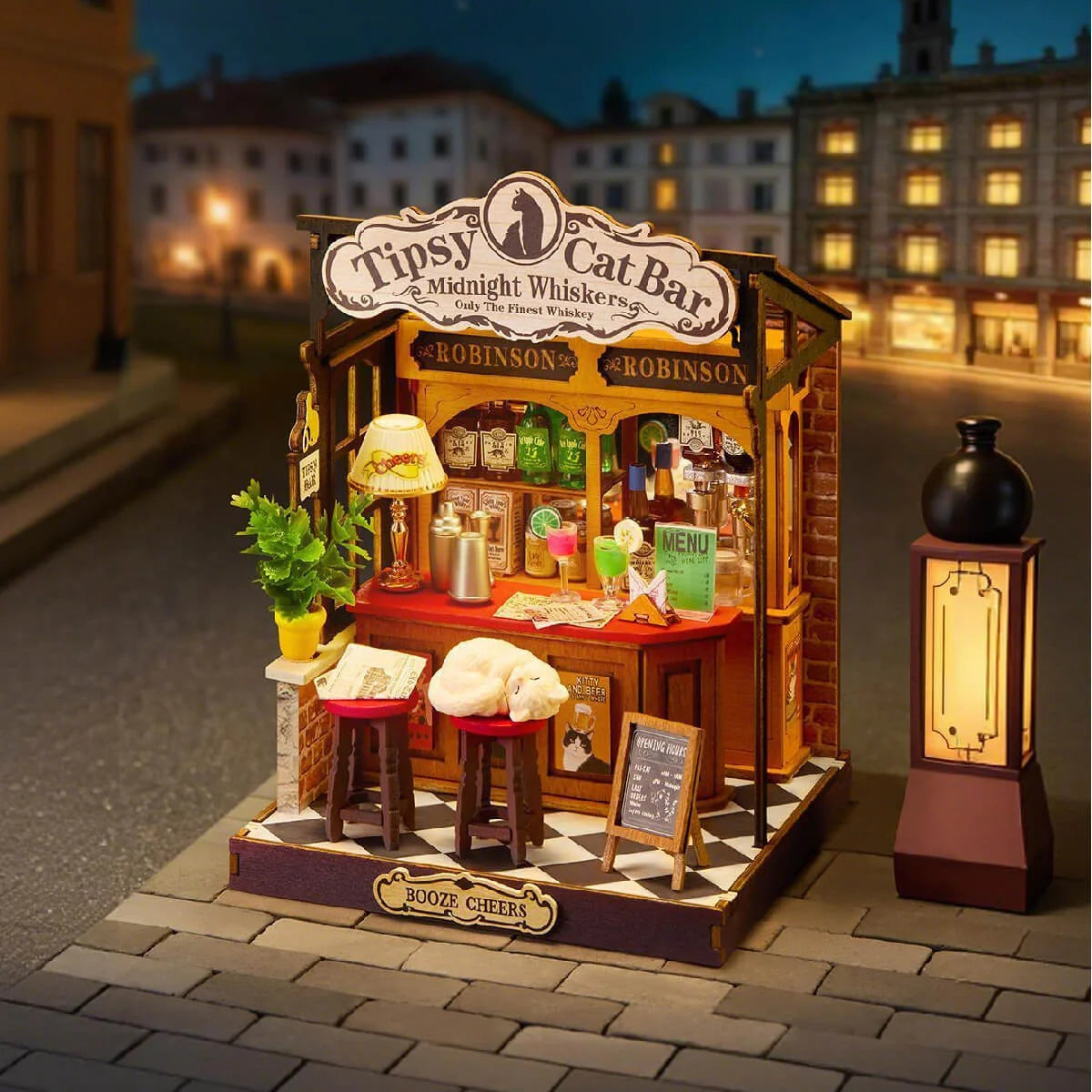 Bar dla Kotów Tipsy Cat Bar Rolife DS054 – gotowy model z białym kotem na barowym stołku i szachownicową podłogą