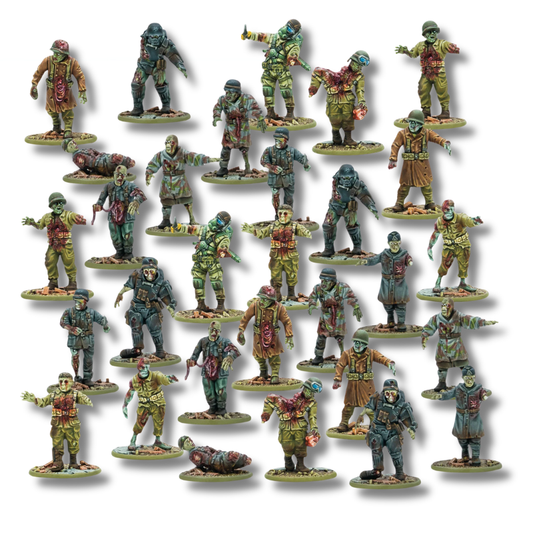 Totenkorps Horde – 25 pomalowanych plastikowych figurek nieumarłych żołnierzy w mundurach Osi i USA: zombie w hełmach, płaszczach i ekwipunku bojowym, skala 28mm Konflikt '47
