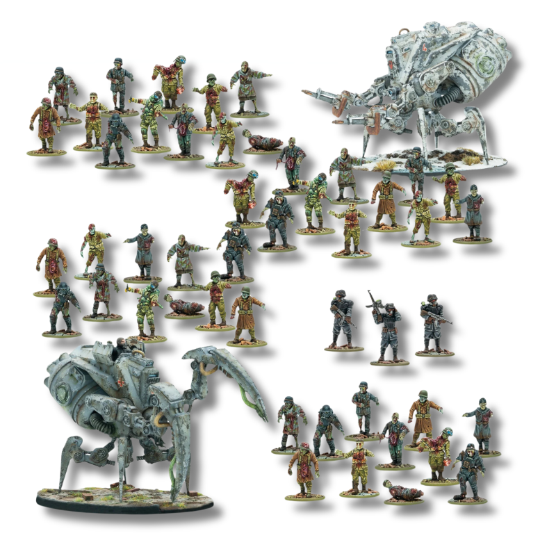 Totenrotte Starter Army – kompletna armia startowa Konflikt '47: 45 figurek Totenkorps, 2x Nachtzehrer walker i dowódca plutonu z ochroniarzami, skala 28mm Oś
