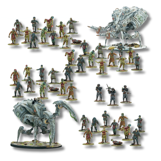 Totenrotte Starter Army – kompletna armia startowa Konflikt '47: 45 figurek Totenkorps, 2x Nachtzehrer walker i dowódca plutonu z ochroniarzami, skala 28mm Oś
