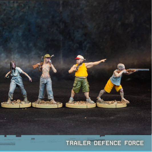 Trailer Defence Force Spectre Miniatures – 4 cywilów w codziennych ubraniach uzbrojonych w karabiny AR, strzelbę, SKS i butelki, 28mm widok z przodu

