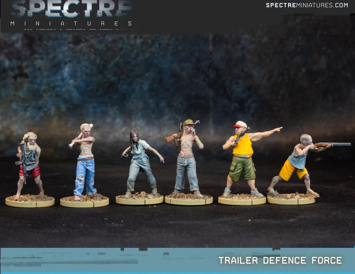 Trailer Defence Force Spectre Miniatures – 6 cywilów w codziennych ubraniach uzbrojonych w karabiny AR, strzelbę, SKS i butelki, 28mm widok z przodu
