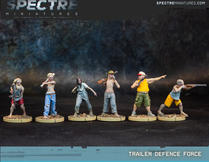 Trailer Defence Force Spectre Miniatures – 6 cywilów w codziennych ubraniach uzbrojonych w karabiny AR, strzelbę, SKS i butelki, 28mm widok z przodu
