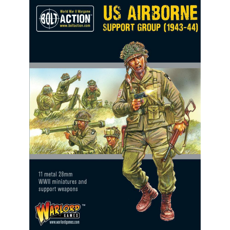 US Airborne Support Group (1943-44) – 11 metalowych figurek 28mm: 2 oficerów, medyk, radiowiec, zespół MMG Browning .30 Cal, zespół lekkiego moździerza 60mm i zespół bazooki w mundurach M42 – Bolt Action, Warlord Games
