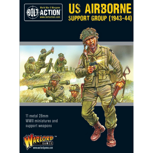 US Airborne Support Group (1943-44) – 11 metalowych figurek 28mm: 2 oficerów, medyk, radiowiec, zespół MMG Browning .30 Cal, zespół lekkiego moździerza 60mm i zespół bazooki w mundurach M42 – Bolt Action, Warlord Games
