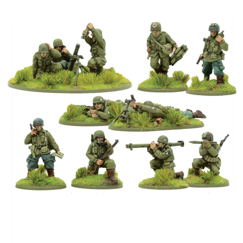 US Airborne Support Group 1944-45 – 11 metalowych figurek 28mm: oficerowie, medyk, obserwator, moździerze i bazooka, pomalowane na białym tle
