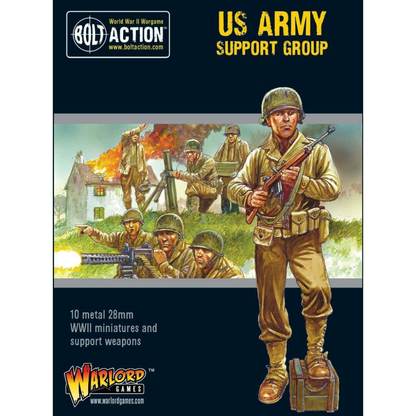 US Army Support Group Bolt Action - opakowanie Warlord Games z żołnierzami USA HQ MMG moździerz 81mm, 10 figurek metal 28mm WWII
