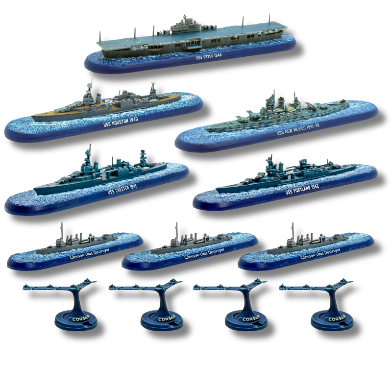 US Navy Fleet – kompletna flota: lotniskowiec USS Essex, pancernik USS New Mexico, krążowniki, niszczyciele i samoloty Corsair na podstawkach morskich
