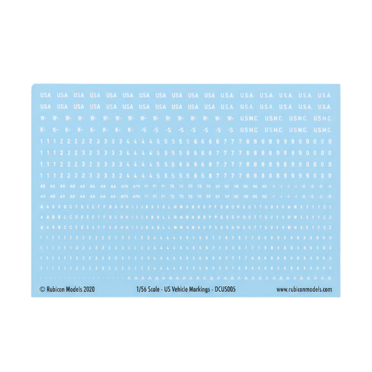 US Vehicle Markings Set 1 Rubicon Models – arkusz kalkomanii 130054, oznaczenia US Army USMC numery rejestracyjne bumper codes, skala 28mm 1:56