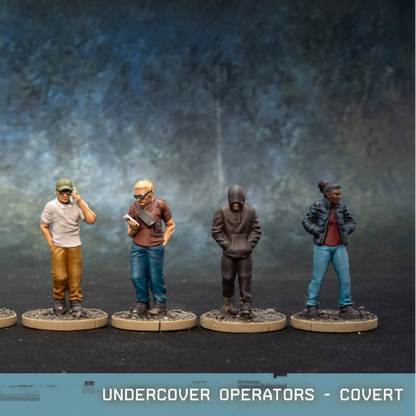 Undercover Operators Covert Spectre Miniatures – 4 agentów pod przykryciem w cywilnych ubraniach z ukrytą bronią, 28mm widok z przodu

