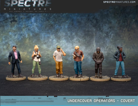 Undercover Operators Covert Spectre Miniatures – 6 agentów pod przykryciem w cywilnych ubraniach z ukrytą bronią, 28mm widok z przodu
