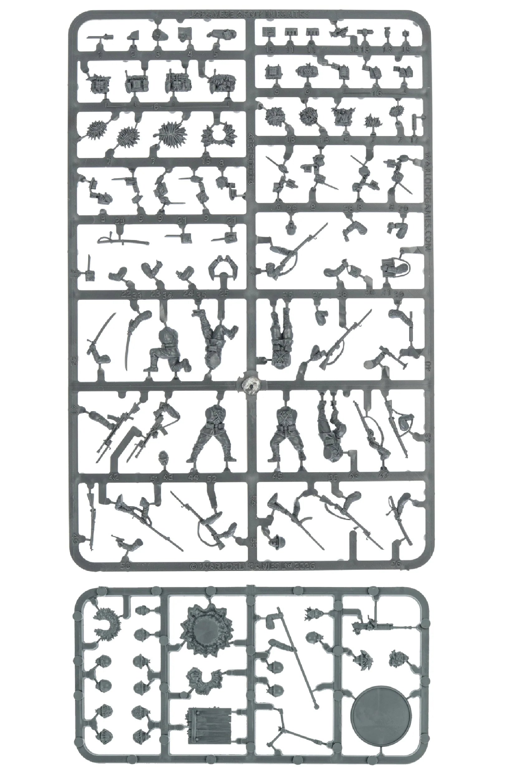 Japanese Army Infantry Platoon – wypraski plastikowe Warlord Games: 2 duże arkusze z tułowiami, głowami, bronią (Arisaka, LMG, MMG, katana, lunge mine) i 1 mały arkusz z akcesoriami i podstawką 60mm
