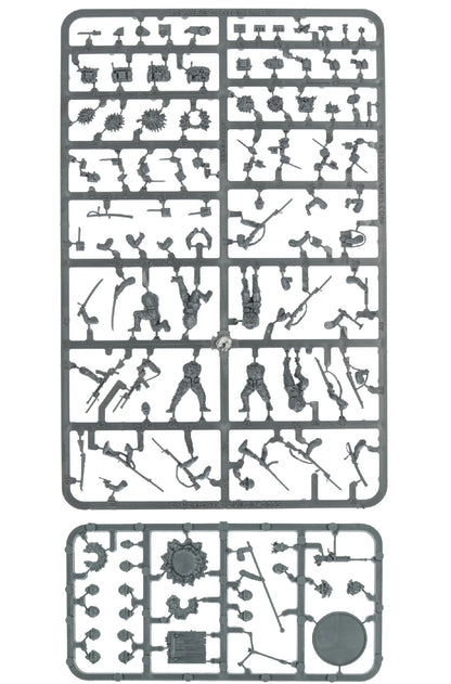 Japanese Army Infantry Platoon – wypraski plastikowe Warlord Games: 2 duże arkusze z tułowiami, głowami, bronią (Arisaka, LMG, MMG, katana, lunge mine) i 1 mały arkusz z akcesoriami i podstawką 60mm
