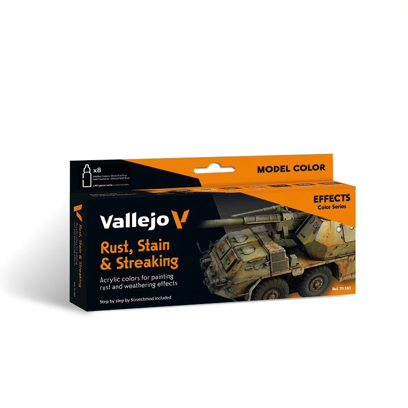 Vallejo 70183 Rust, Stain & Streaking Set – pudełko zestawu 8 farb Model Color Effects 17ml z ciężarówką wojskową w kamuflażu na okładce, Vallejo
