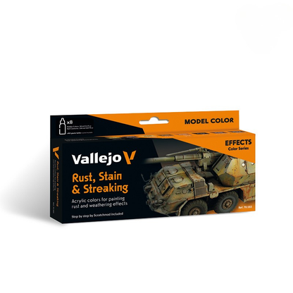 Vallejo 70183 Rust, Stain & Streaking Set – pudełko zestawu 8 farb Model Color Effects 17ml z ciężarówką wojskową w kamuflażu na okładce, Vallejo
