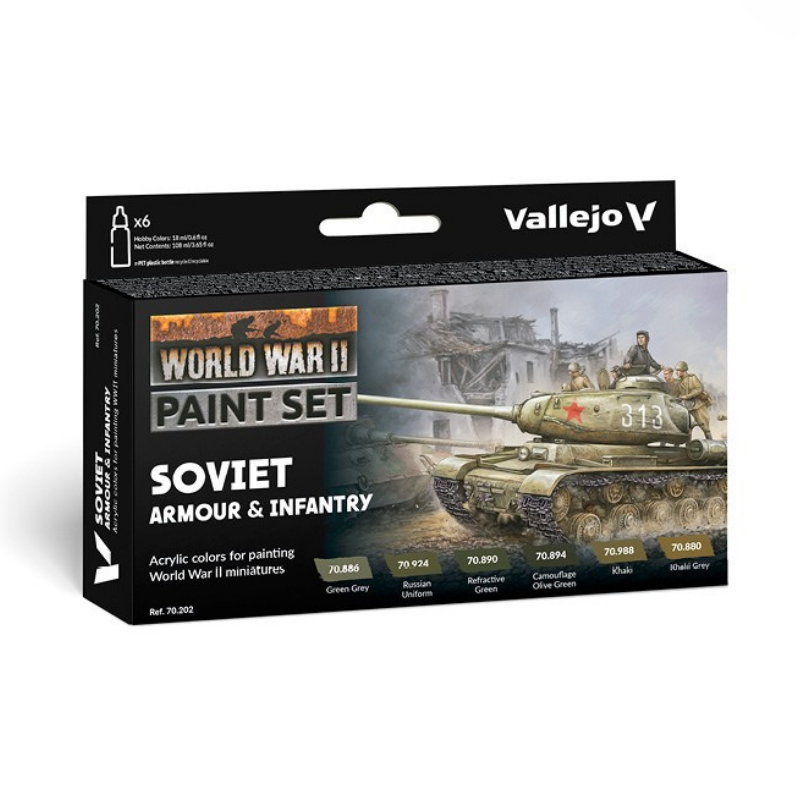 Vallejo 70202 WWII Soviet Armour & Infantry Paint Set – pudełko zestawu 6 farb Model Color 17ml z czołgiem IS-2 nr 313 i żołnierzami sowieckimi na okładce, Vallejo

