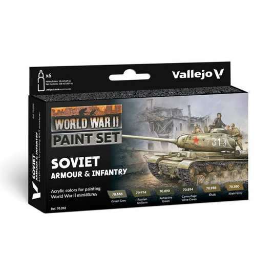 Vallejo 70202 WWII Soviet Armour & Infantry Paint Set – pudełko zestawu 6 farb Model Color 17ml z czołgiem IS-2 nr 313 i żołnierzami sowieckimi na okładce, Vallejo
