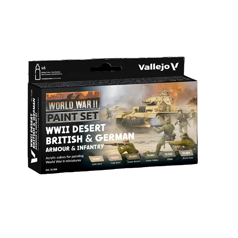 Vallejo 70208 WWII Desert British & German Armour & Infantry Paint Set – pudełko zestawu 6 farb Model Color 17ml z czołgiem Panzer III i piechotą Afrikakorps na okładce, Vallejo
