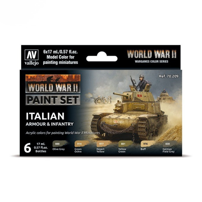 Vallejo 70209 WWII Italian Armour & Infantry Paint Set – pudełko zestawu 6 farb Model Color 17ml z czołgiem M13/40 i żołnierzem włoskim na okładce, Wargames Color Series, Vallejo
