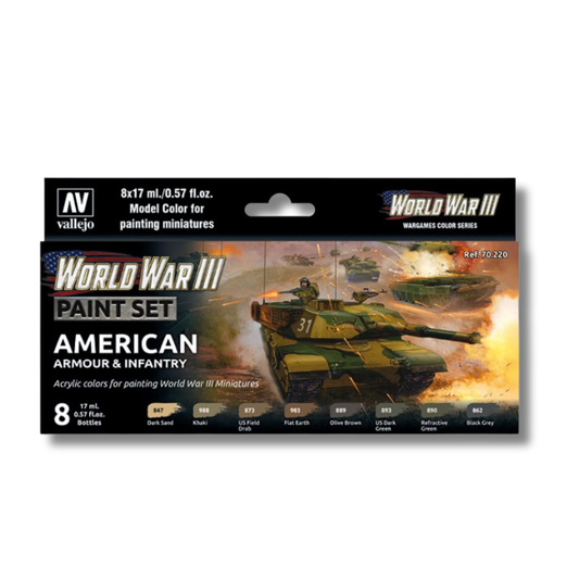 Vallejo 70220 World War III American Armour & Infantry Paint Set – pudełko zestawu 8 farb Model Color 17ml z czołgiem M1 Abrams na okładce, Vallejo
