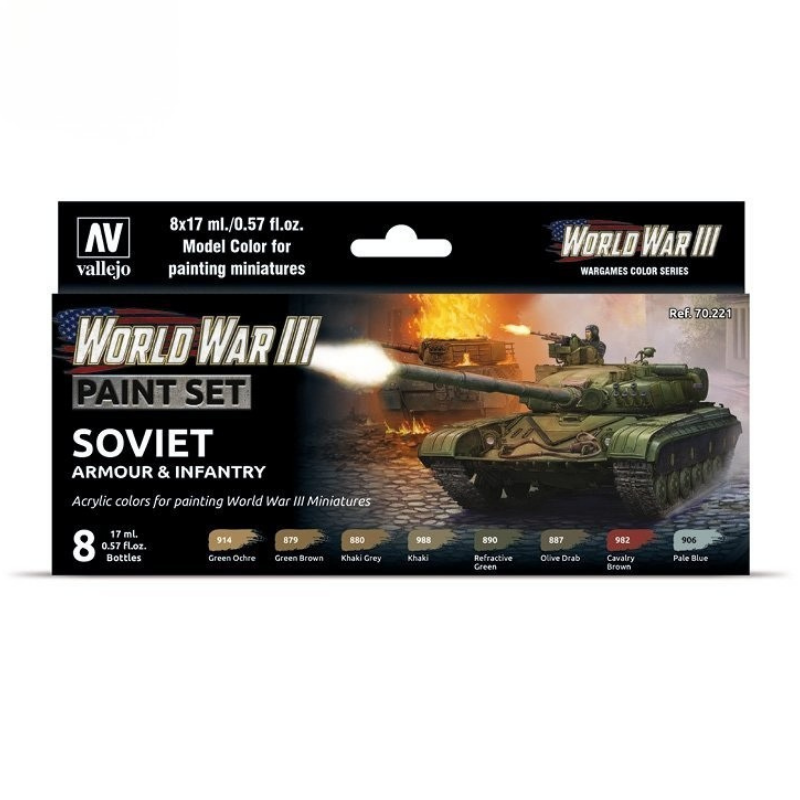 Vallejo 70221 World War III Soviet Armour & Infantry Paint Set – pudełko zestawu 8 farb Model Color 17ml z czołgiem T-62 i żołnierzem sowieckimi na okładce, Vallejo
