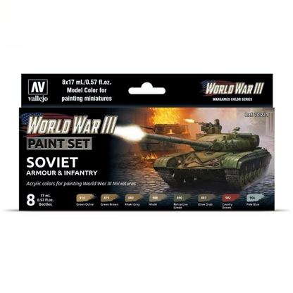 Vallejo 70221 World War III Soviet Armour & Infantry Paint Set – pudełko zestawu 8 farb Model Color 17ml z czołgiem T-62 i żołnierzem sowieckimi na okładce, Vallejo
