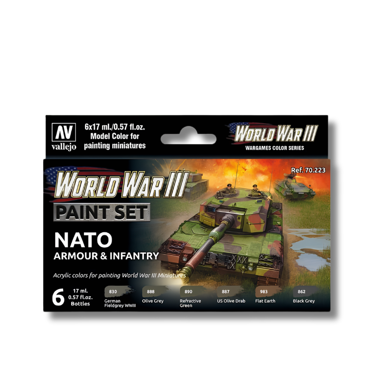 Vallejo 70223 World War III NATO Armour & Infantry Paint Set – tył pudełka z schematem malowania: żołnierz NATO, Leopard 2 i M1 Abrams z przypisaniem 6 kolorów, Vallejo
