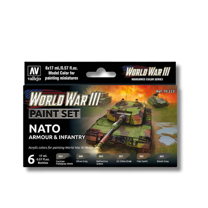 Vallejo 70223 World War III NATO Armour & Infantry Paint Set – tył pudełka z schematem malowania: żołnierz NATO, Leopard 2 i M1 Abrams z przypisaniem 6 kolorów, Vallejo
