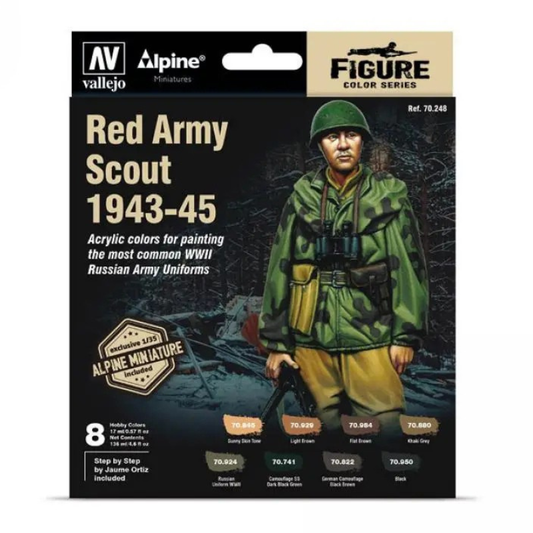 Vallejo 70248 Figure Color Red Army Scout 1943-45 – pudełko zestawu 8 farb Model Color 17ml z ekskluzywną figurką Alpine Miniatures 1/35 sowieckiego zwiadowcy w kamuflażu Ameba, Vallejo
