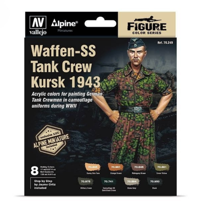 Vallejo 70249 Figure Color Waffen-SS Tank Crew Kursk 1943 – pudełko zestawu 8 farb Model Color 17ml z ekskluzywną figurką Alpine Miniatures 1/35 załoganta czołgu w kamuflażu Eichenlaubmuster, Vallejo
