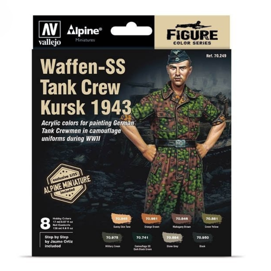 Vallejo 70249 Figure Color Waffen-SS Tank Crew Kursk 1943 – pudełko zestawu 8 farb Model Color 17ml z ekskluzywną figurką Alpine Miniatures 1/35 załoganta czołgu w kamuflażu Eichenlaubmuster, Vallejo
