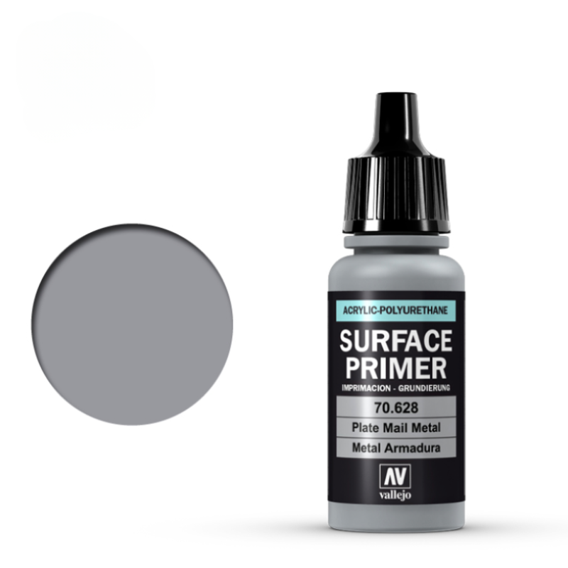 Vallejo 70628 Surface Primer Plate Mail Metal – butelka 17ml podkładu akrylowo-poliuretanowego w kolorze szarego metalu zbroi z próbką koloru, seria Surface Primer, Vallejo
