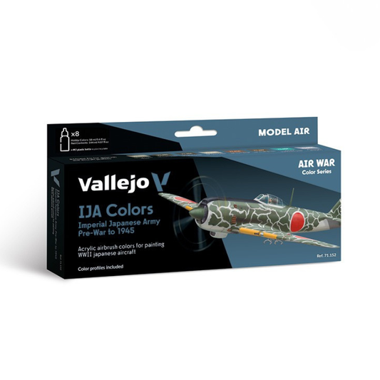 Vallejo 71152 Model Air IJA Colors Pre-War to 1945 – pudełko zestawu 8 farb do aerografu 17ml z myśliwcem Ki-61 Hien w kamuflażu zielono-brązowym na okładce, Air War Color Series, Vallejo
